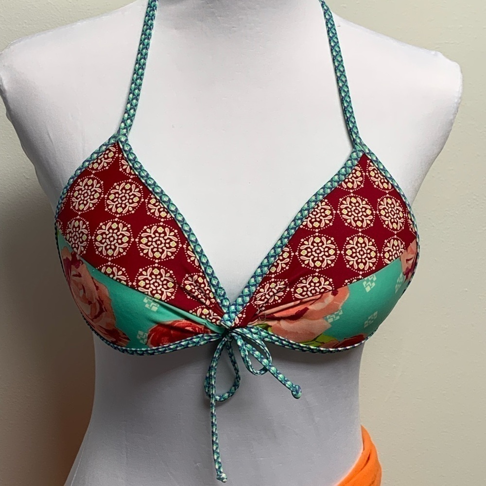 Body Glove Size Small Green Burgundy Blue Block Floral Triangle Swim Top